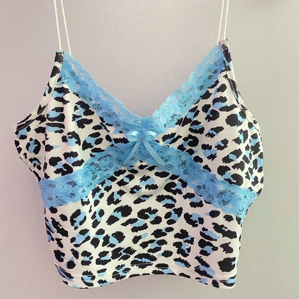 Blue lace cheetah tank top